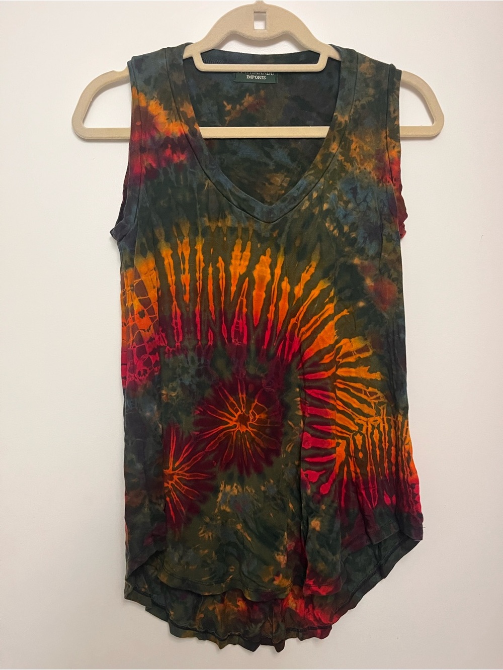 Kathmandu Tie-Dye V-Neck Tank in Green, Orange & Red
